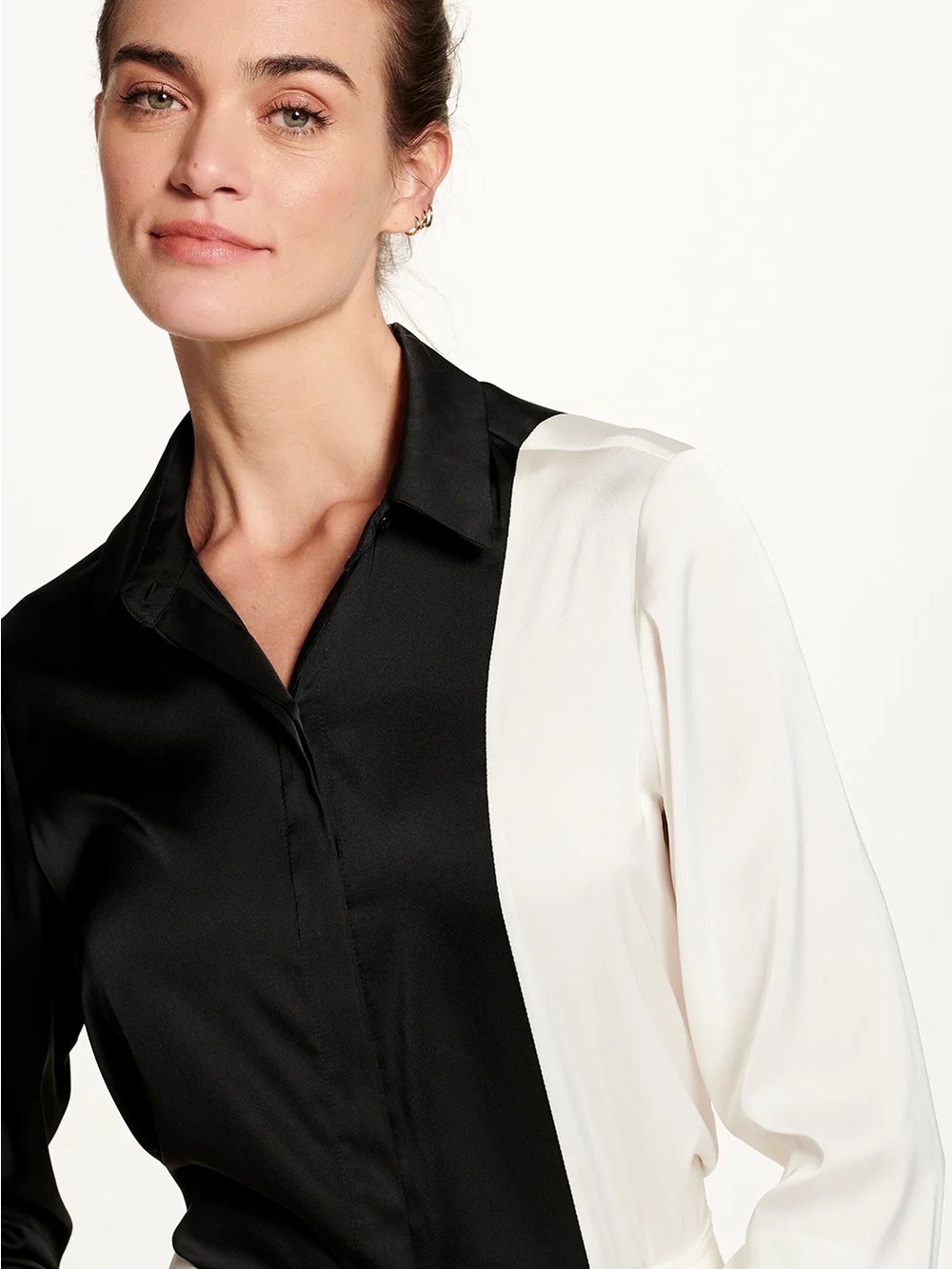 Alice + Olivia Contrast Satin Button-Down Shirt in Black and White
